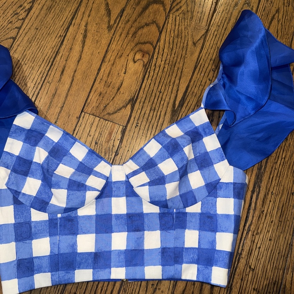 Neubyrne Women's Gingham Plaid Crop Blue White Check Medium Back Zip Bralette - Picture 4 of 9